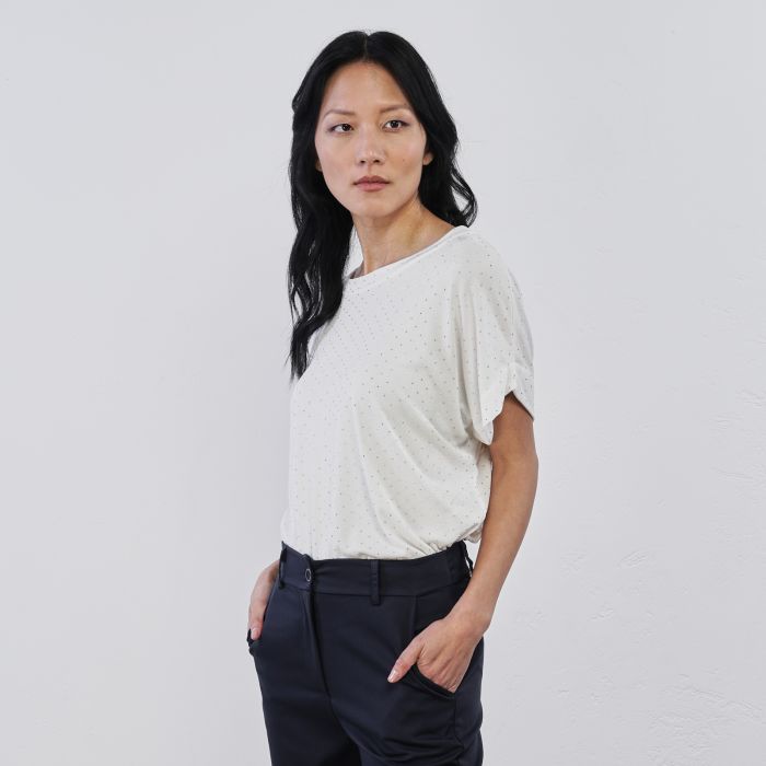 Top bianco da donna con manica corta e strass