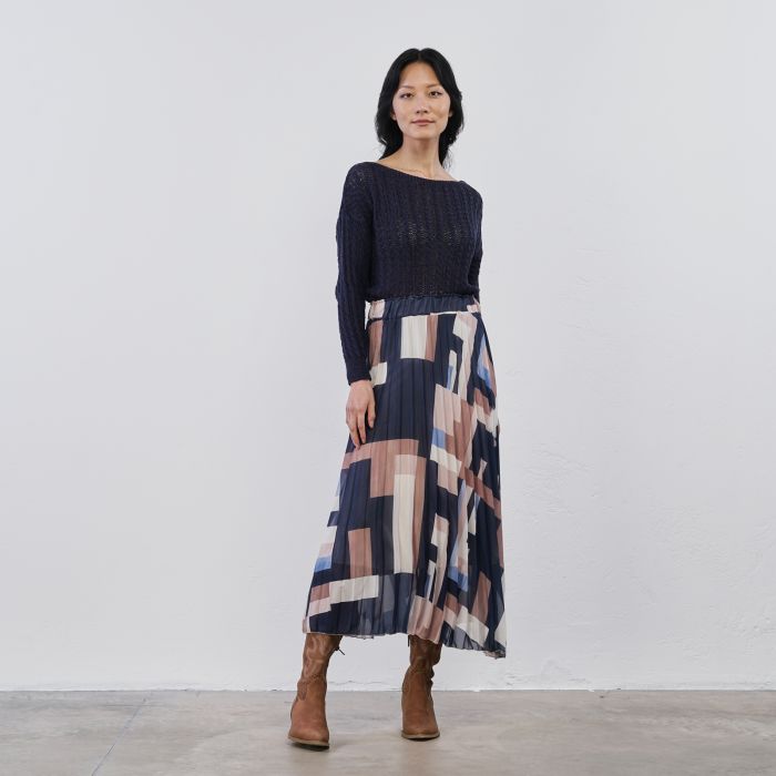 Gonna midi blu plissettata da donna in fantasia geometrica
