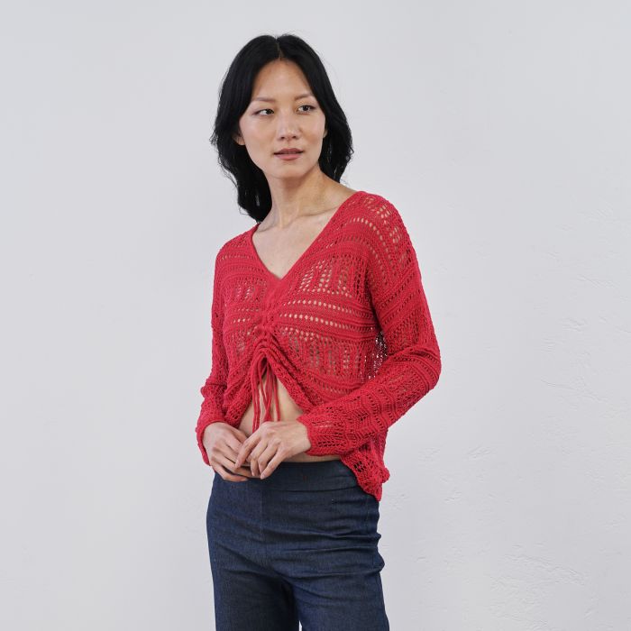 Maglia rossa traforata da donna con coulisse