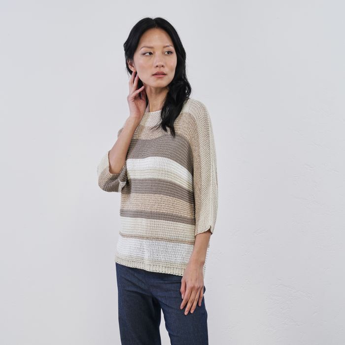 Maglione leggero beige da donna a maxi righe