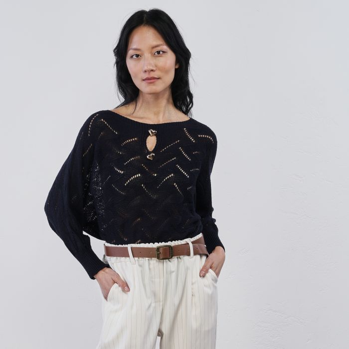 Maglioncino leggero blu da donna traforato e con dettaglio cuori