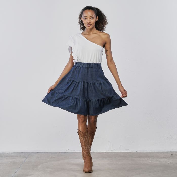 Gonna corta blu in denim da donna con balze