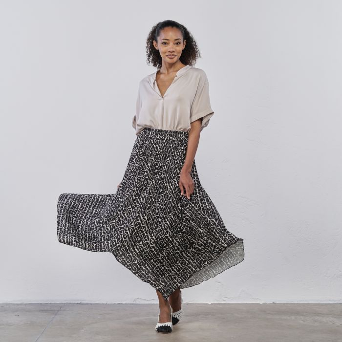 Gonna midi nera e bianca da donna asimmetrica plissè