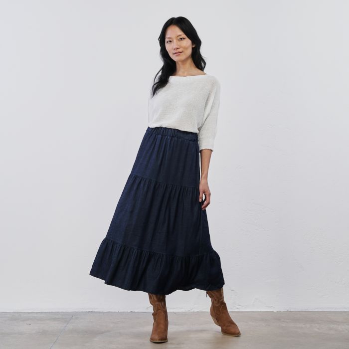 Gonna blu midi da donna con balze a fascia elasticizzata in vita