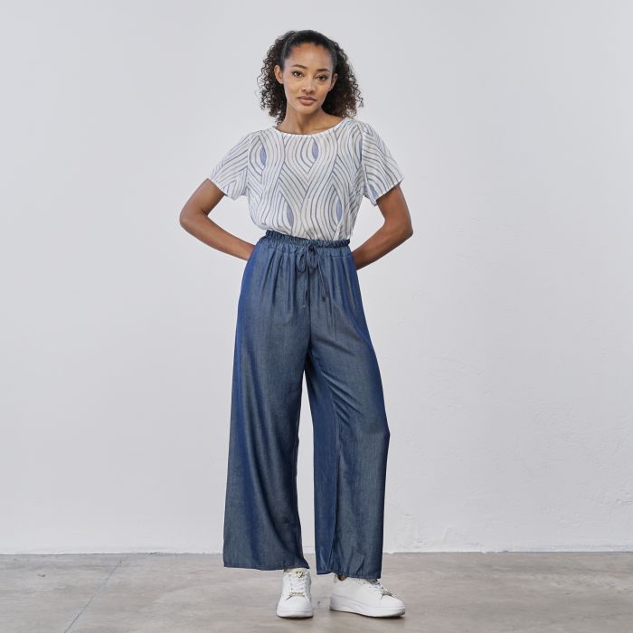 Pantaloni blu ampi in tessuto effetto denim da donna con coulisse