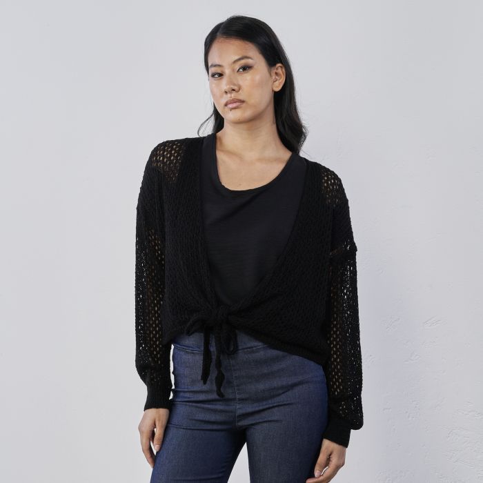 Cardigan nero da donna in tessuto traforato