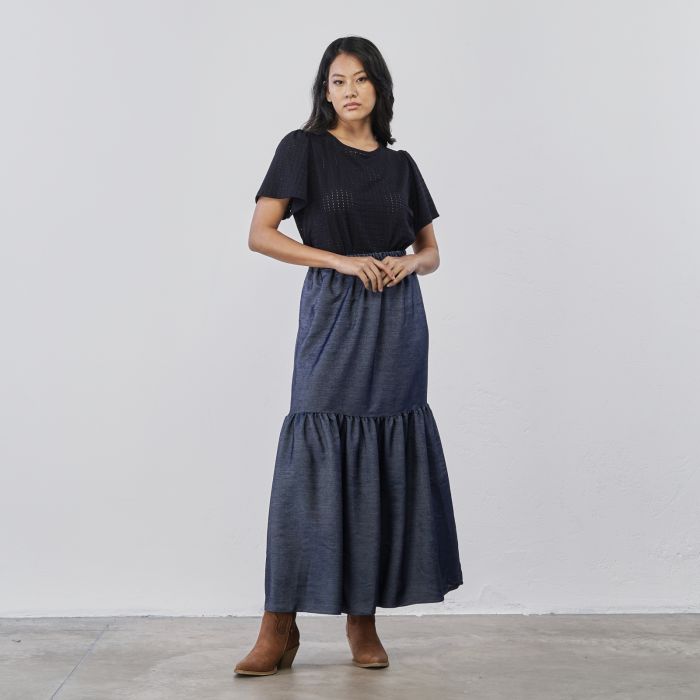 Gonna lunga blu a balze in tessuto denim da donna