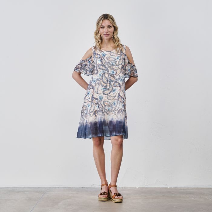 Vestito corto azzurro e bianco da donna in stampa paisley