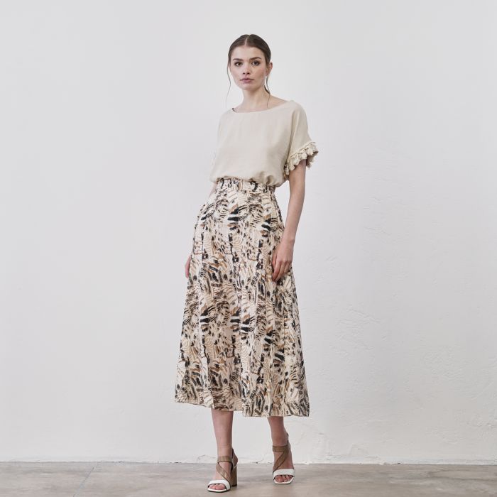 Gonna midi marrone in cotone stampa animalier