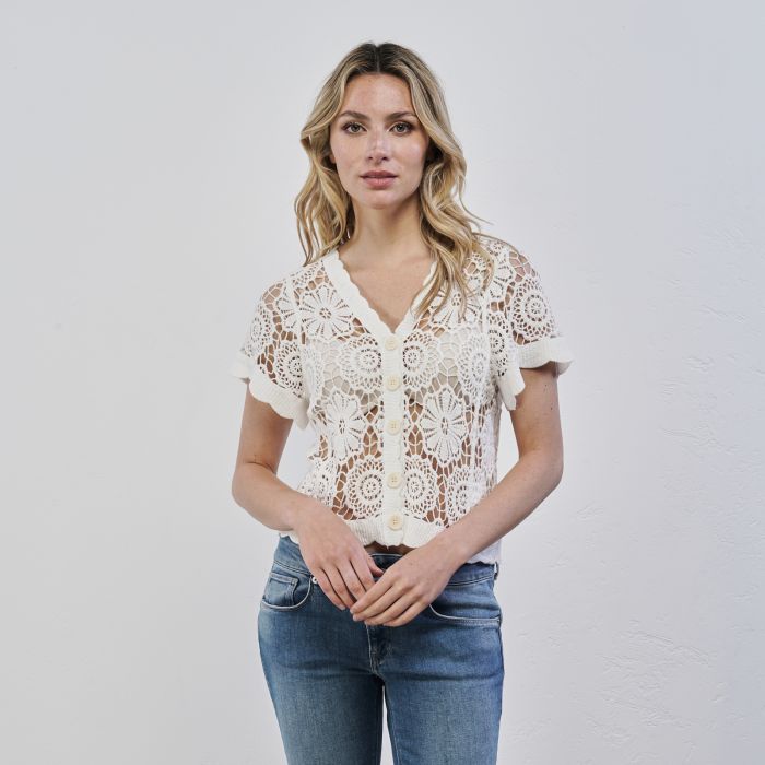 Blusa bianca traforata da donna con bottoni in cotone