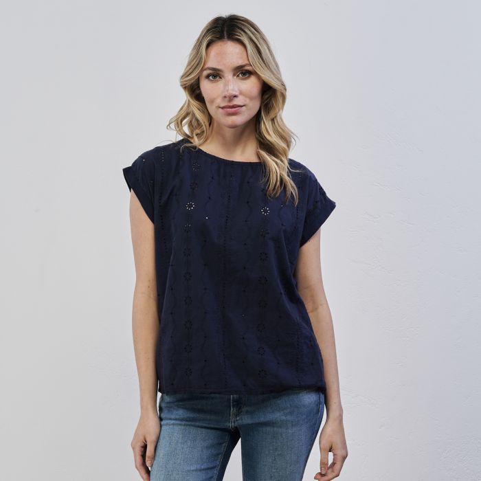 T-shirt blu da donna in tessuto traforato con maniche corte