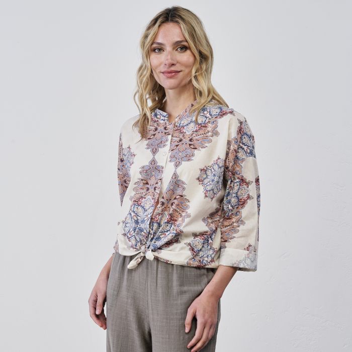 Camicia bianca in cotone da donna con bottoni e nodo