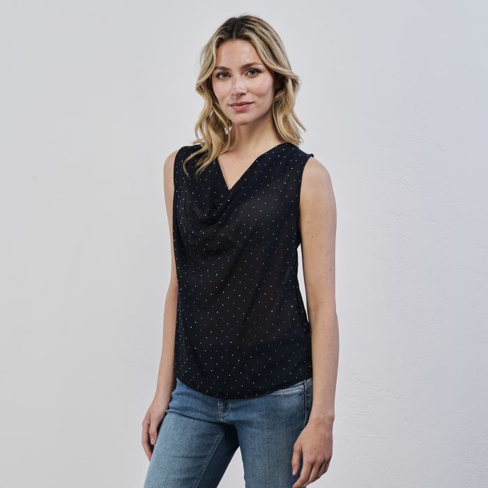 Top nero da donna con scollo a V e strass