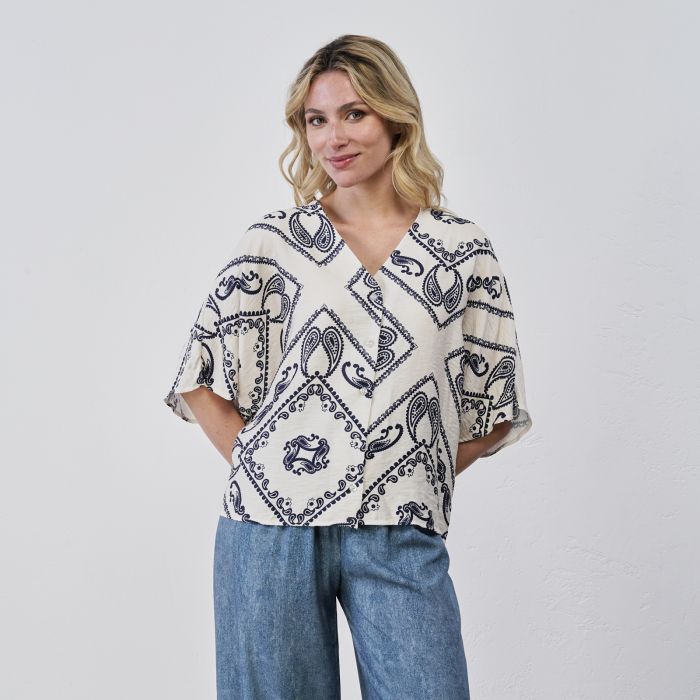 Blusa bianca morbida da donna in stampa paisley