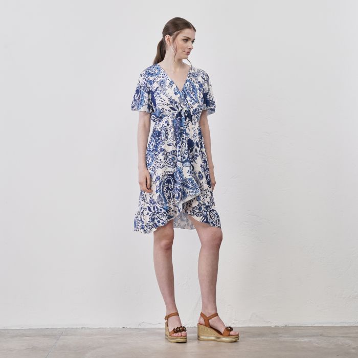 Abito corto azzurro da donna in stampa paisley