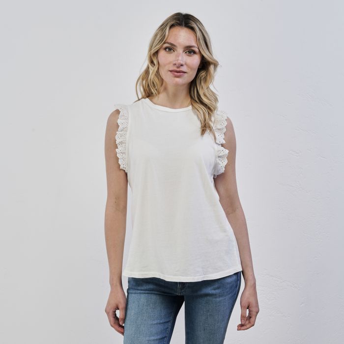 T-shirt bianca in cotone da donna con maniche volant in pizzo sangallo