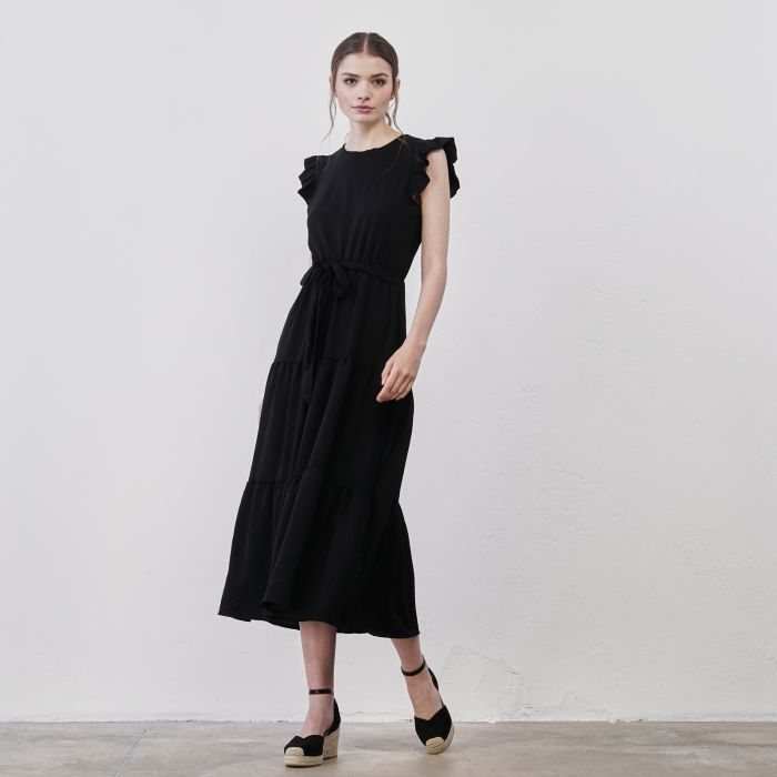 Abito midi nero da donna con fusciacca in vita