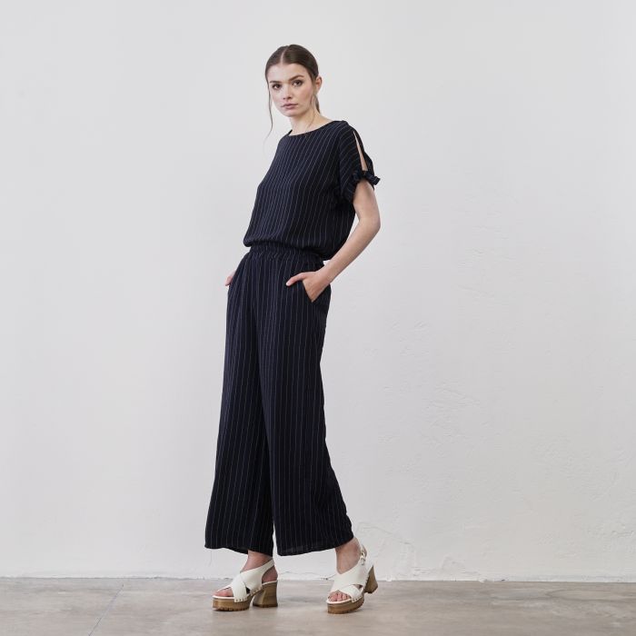 Pantaloni lunghi ampi blu da donna a righe con tasche