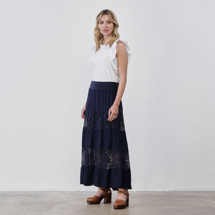 Gonna lunga blu da donna con inserti in pizzo