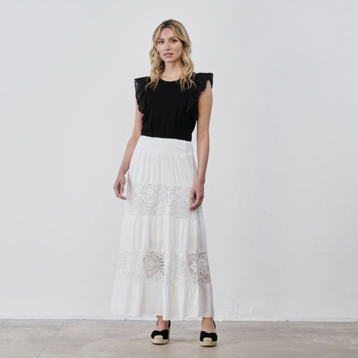 Gonna lunga bianca da donna con inserti in pizzo