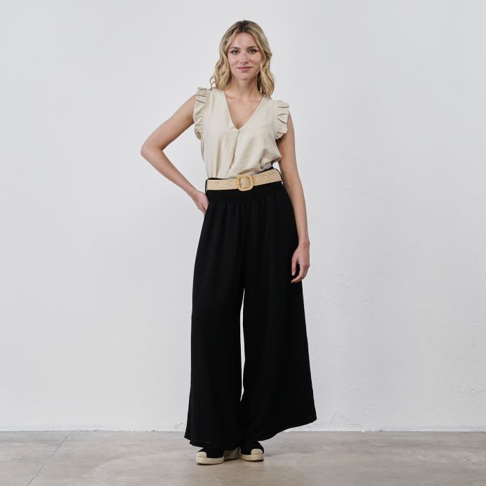 Pantaloni lunghi neri ampi da donna con cintura