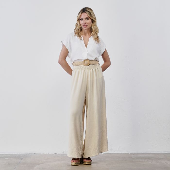 Pantaloni lunghi beige ampi da donna con cintura