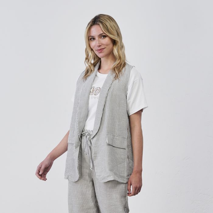 Gilet a righe bianche e verdi da donna con tasche