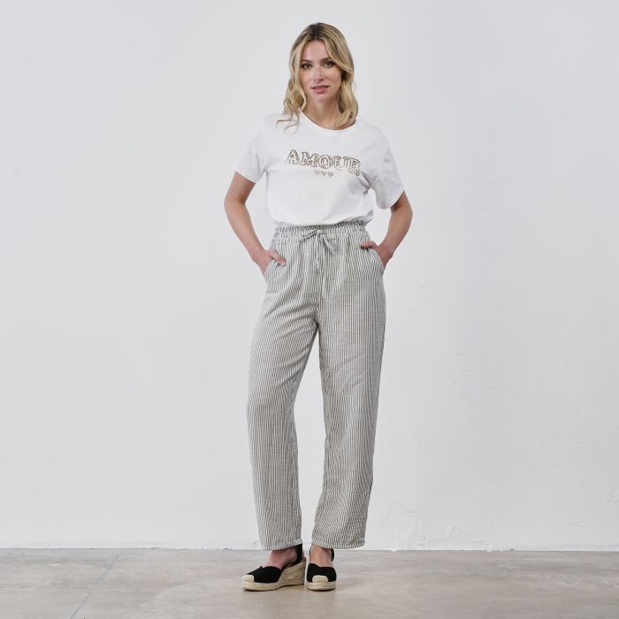 Pantaloni a righe bianchi e verdi da donna con tasche