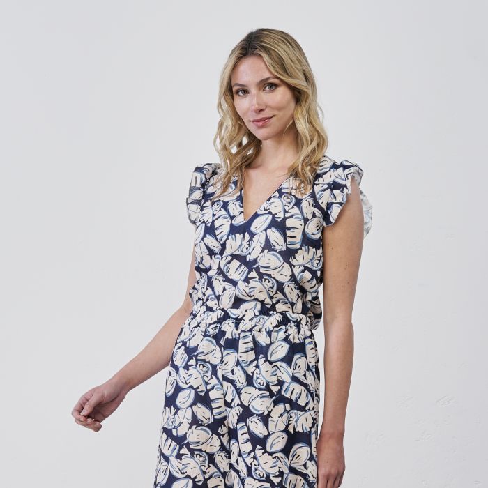 Top bianco e blu da donna con dettaglio maniche volant e fantasia floreale