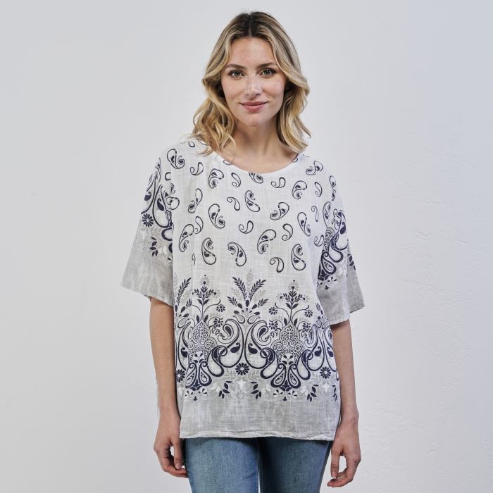 Blusa bianca e blu da donna in fantasia paisley