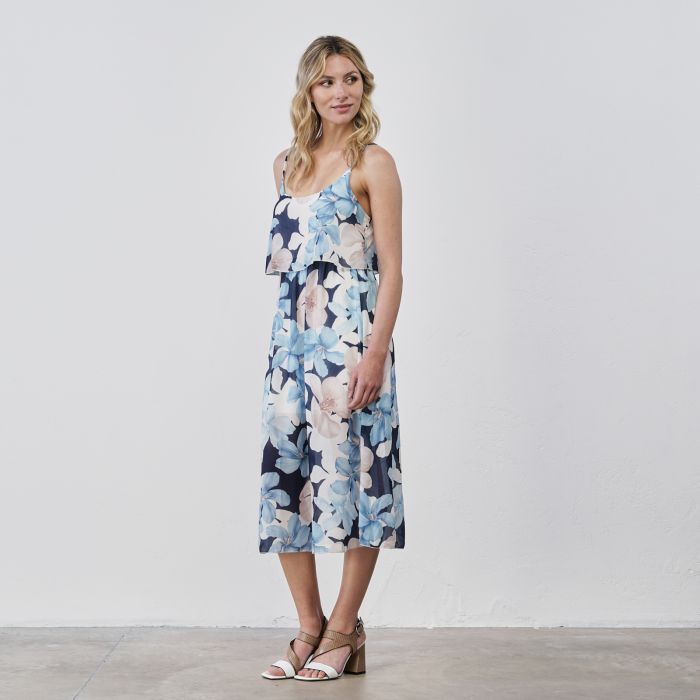 Abito midi azzurro da donna senza maniche con stampa floreale