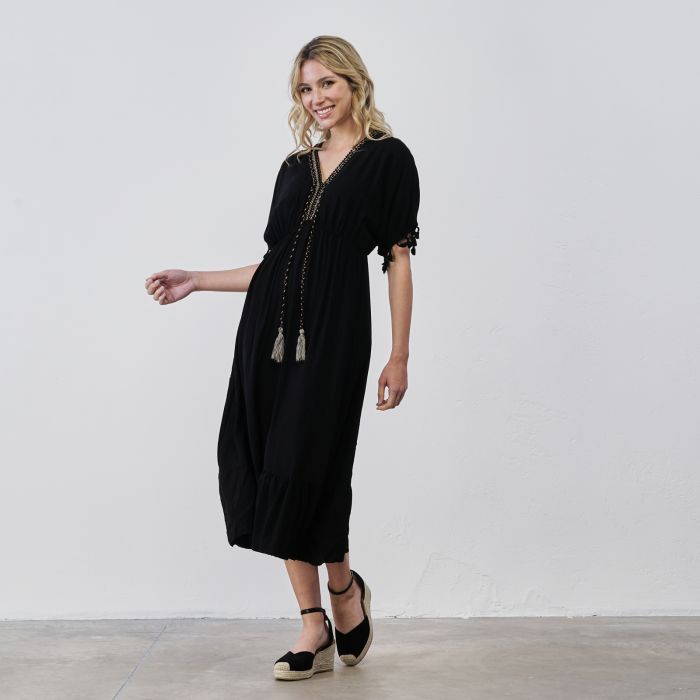Abito midi nero donna da mare con dettaglio nappine