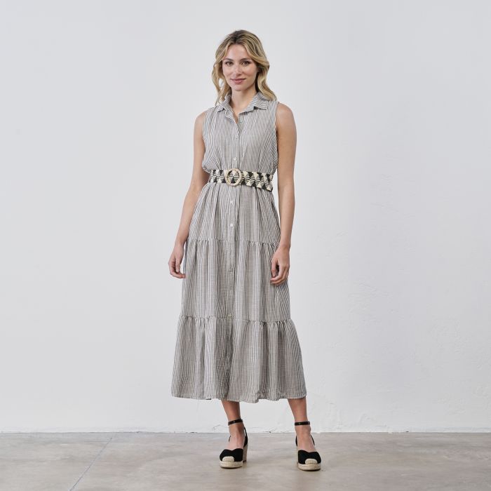 Abito midi da donna a righe marrone e bianco senza maniche con bottoni e cintura