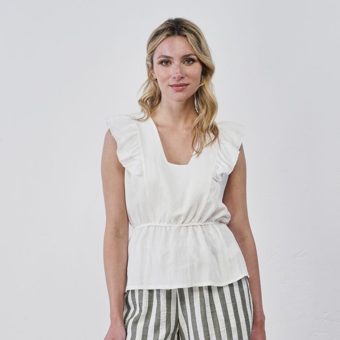 Top bianco da donna senza maniche con dettaglio volant