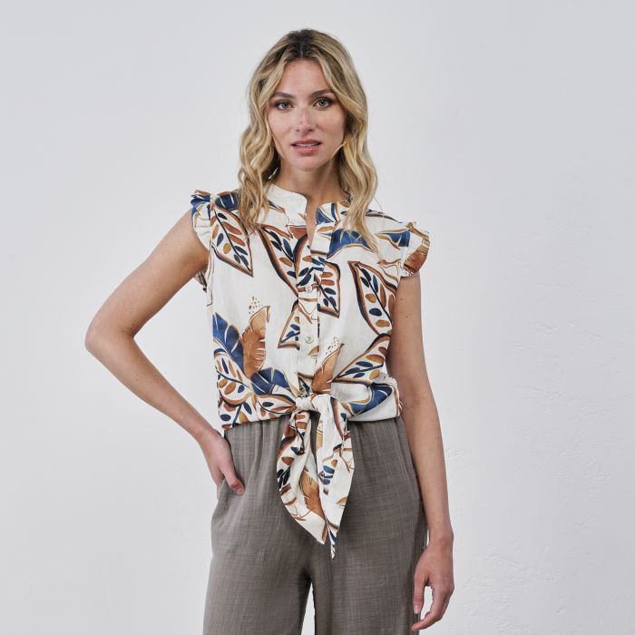 Camicia bianca da donna con nodo e stampa floreale