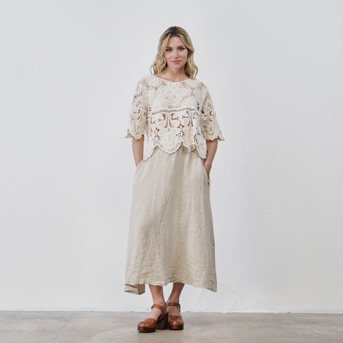 Gonna lunga beige da donna 100% lino con tasche