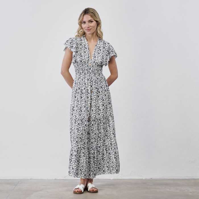 Abito lungo bianco e blu da donna con bottoni in stampa floreale