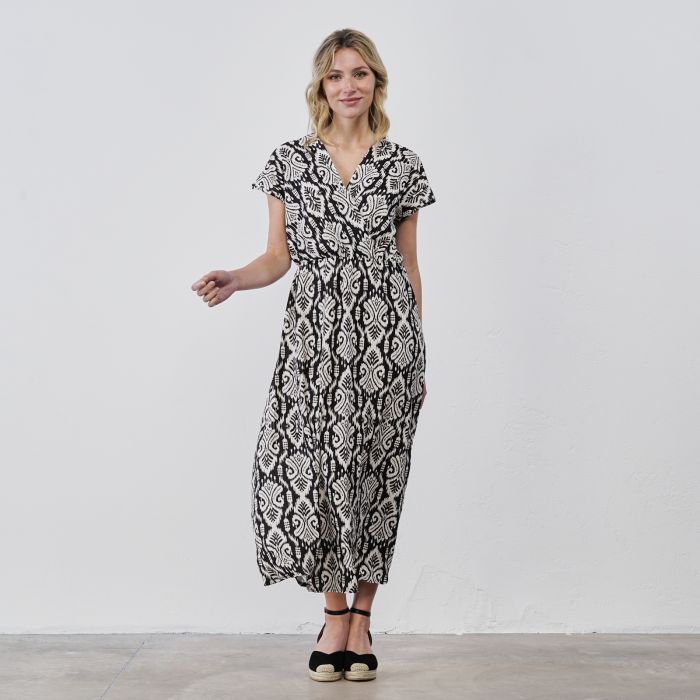 Vestito midi nero e bianco da donna in stampa paisley