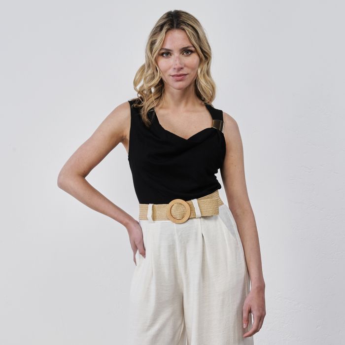 Top nero da donna senza maniche con dettaglio cromato sulla spallina