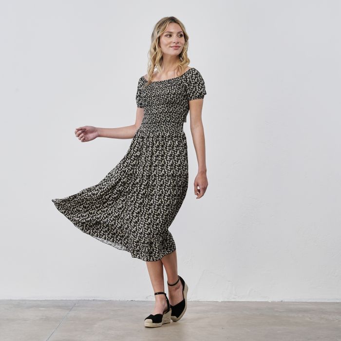 Vestito midi nero e bianco da donna con stampa micro fiori