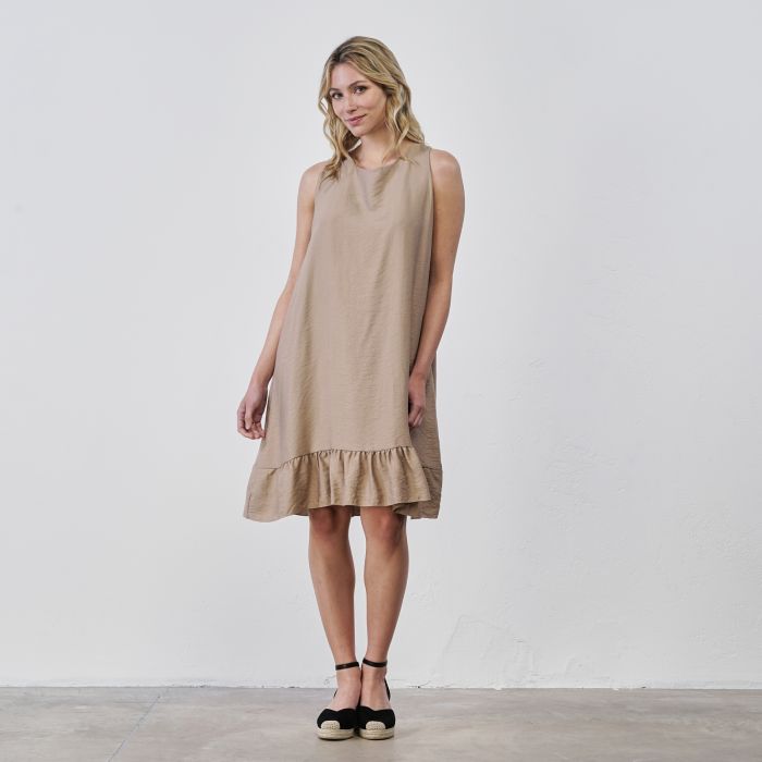 Abito corto ampio beige da donna senza maniche con balza e dettaglio fiocco posteriore