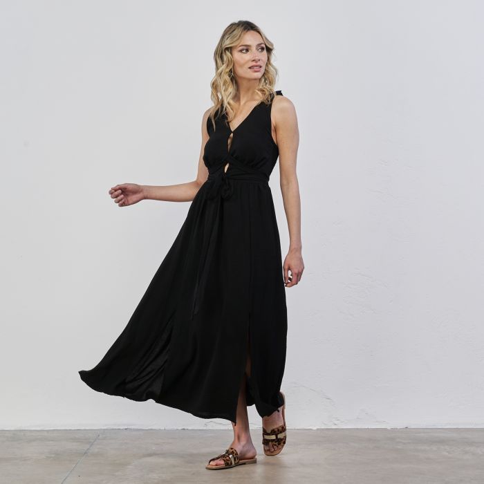 Abito lungo nero da donna senza maniche con fiocco incrociato e dettagli cut-out