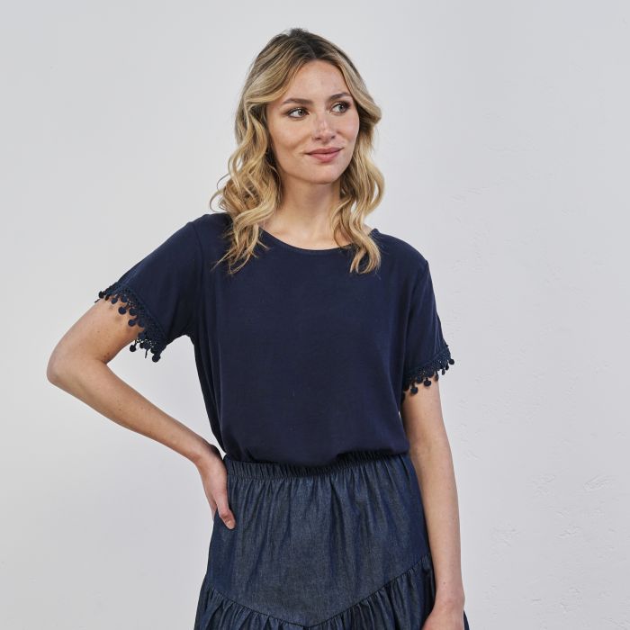 T-shirt blu da donna maniche corte con dettaglio nappine