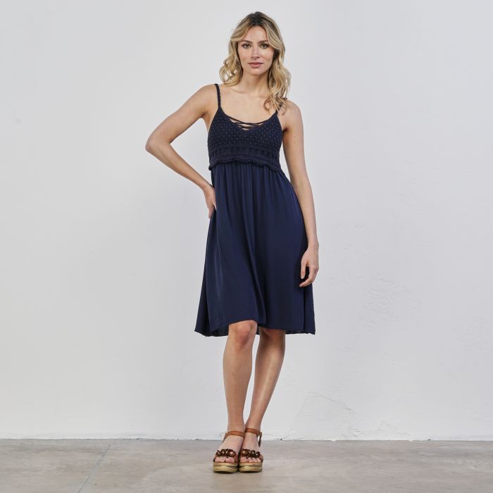 Vestito mare blu corto da donna con inserto effetto crochet