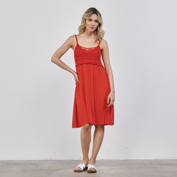 Vestito mare rosso corto da donna con inserto effetto crochet