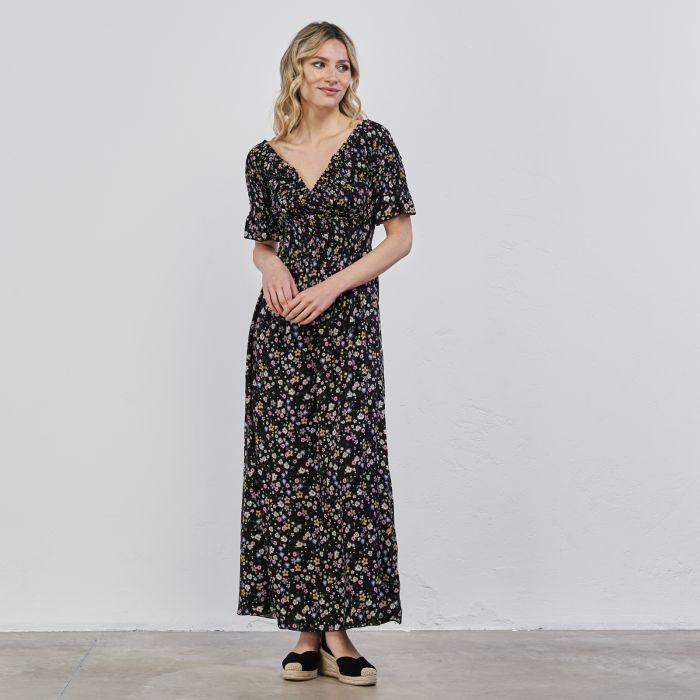 Abito nero lungo da donna con stampa fiori con maniche corte