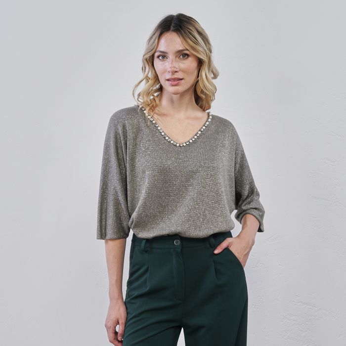 Maglia beige da donna in lurex con dettaglio strass su scollo