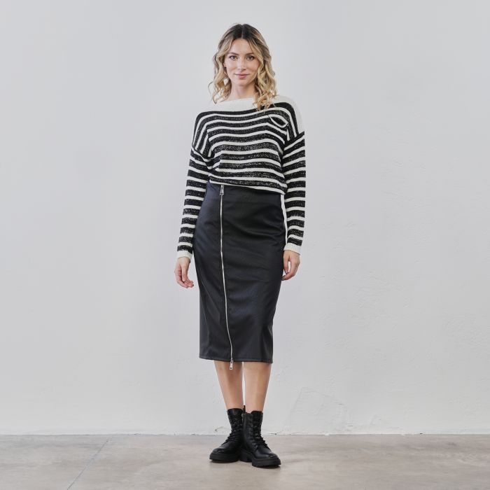 Gonna midi nera da donna in ecopelle con zip