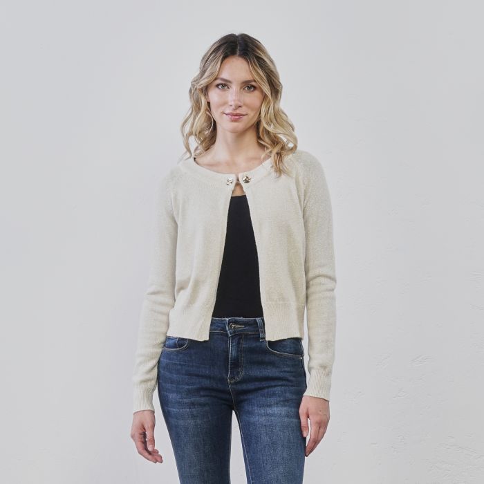 Cardigan corto beige da donna in tessuto lurex