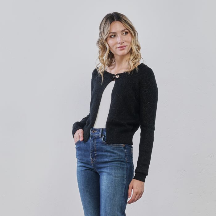 Cardigan corto nero da donna in tessuto lurex